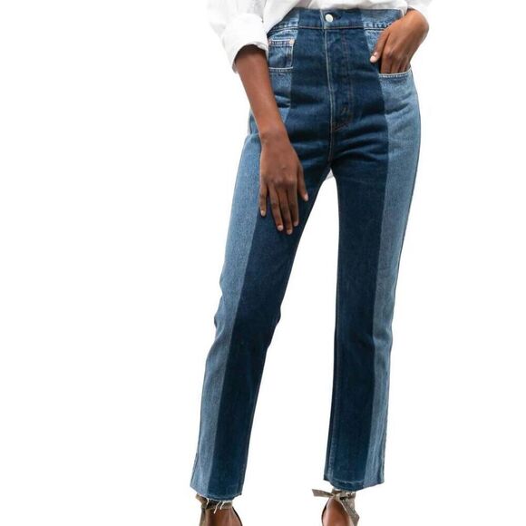 NWT E.L.V. Jeans Women's 26 Blue Twin Straight Leg Raw Hem Two Tone High Rise - Picture 1 of 7